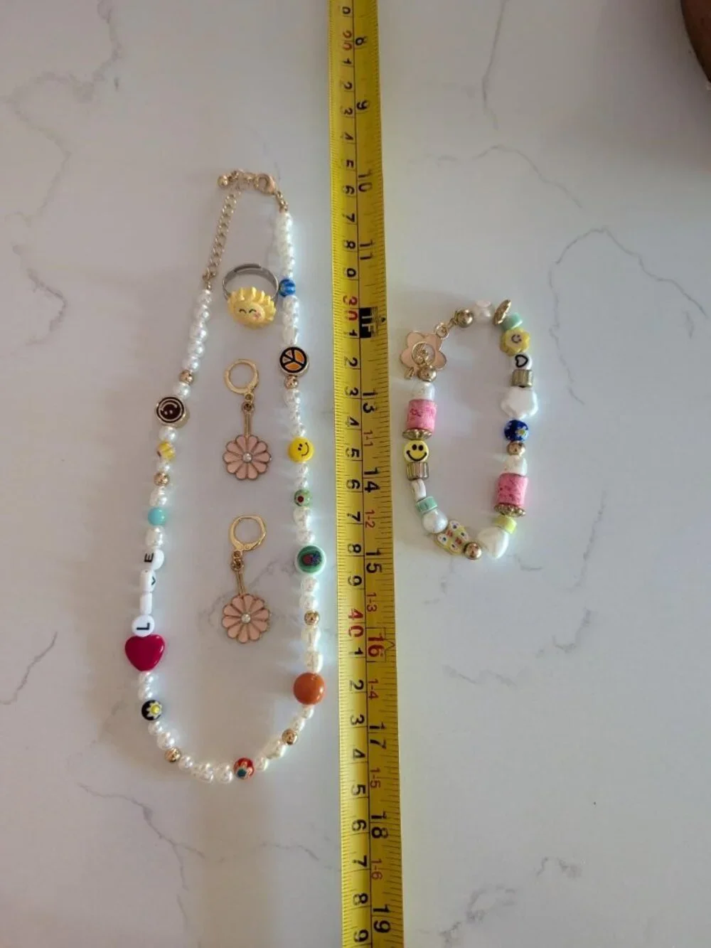 Multicolor Jewelry Set: Necklace, Stretch Bracelet, Earrings, Ring